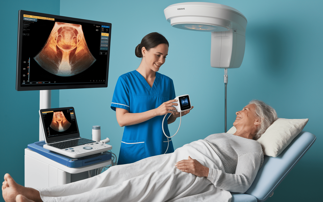 Infirmiere realisant bladder scan sur patient
