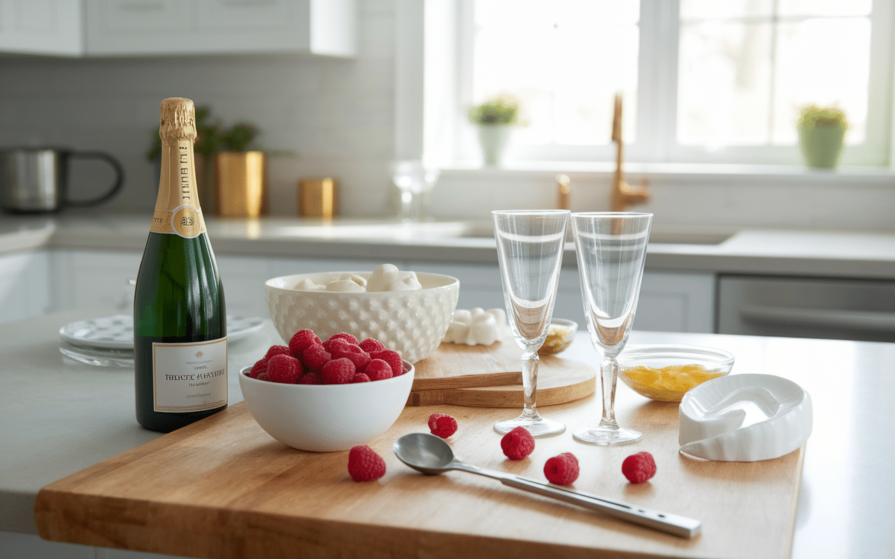 Ingrédients soupe de champagne aux framboises sur plan de travail