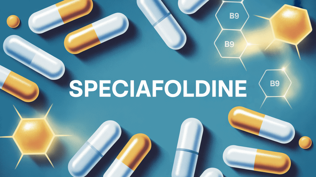 Comprimes speciafoldine vitamine B9 sur fond bleu medical