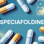 Comprimes speciafoldine vitamine B9 sur fond bleu medical