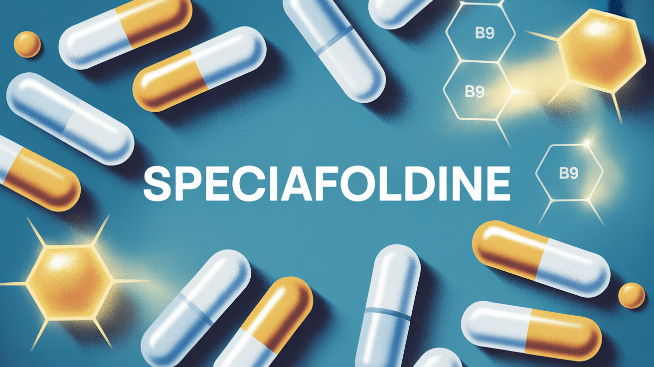 Comprimes speciafoldine vitamine B9 sur fond bleu medical