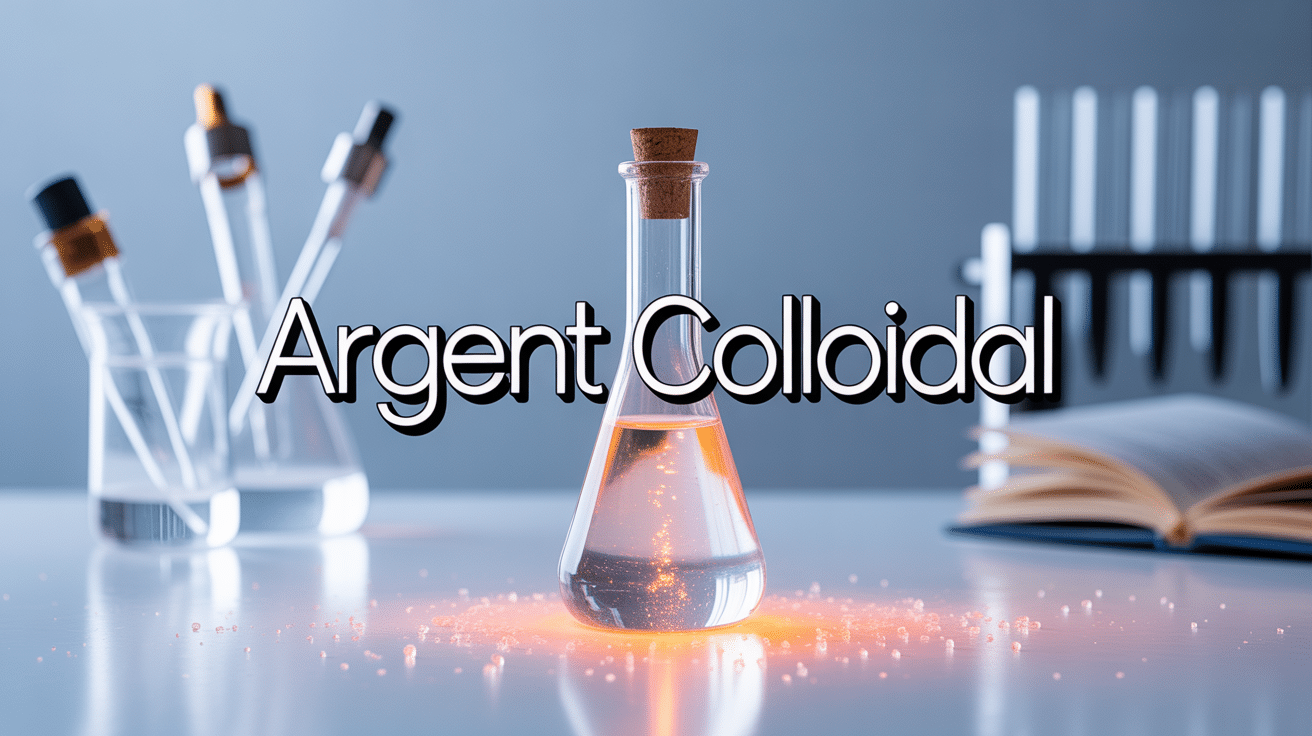 flacon argent colloidal sur fond scientifique