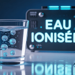 verre d'eau ionisée avec ions et appareil high-tech