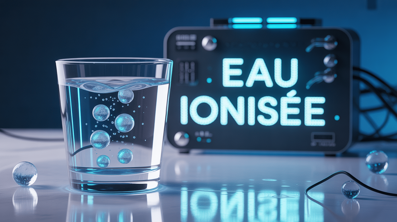 verre d'eau ionisée avec ions et appareil high-tech