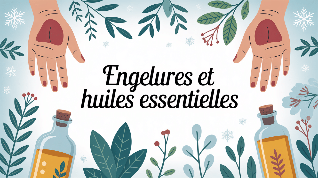 illustration engelure huile essentielle mains pieds flacons plantes