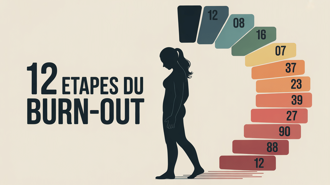 Visuel des 12 étapes du burn-out en spirale descendante
