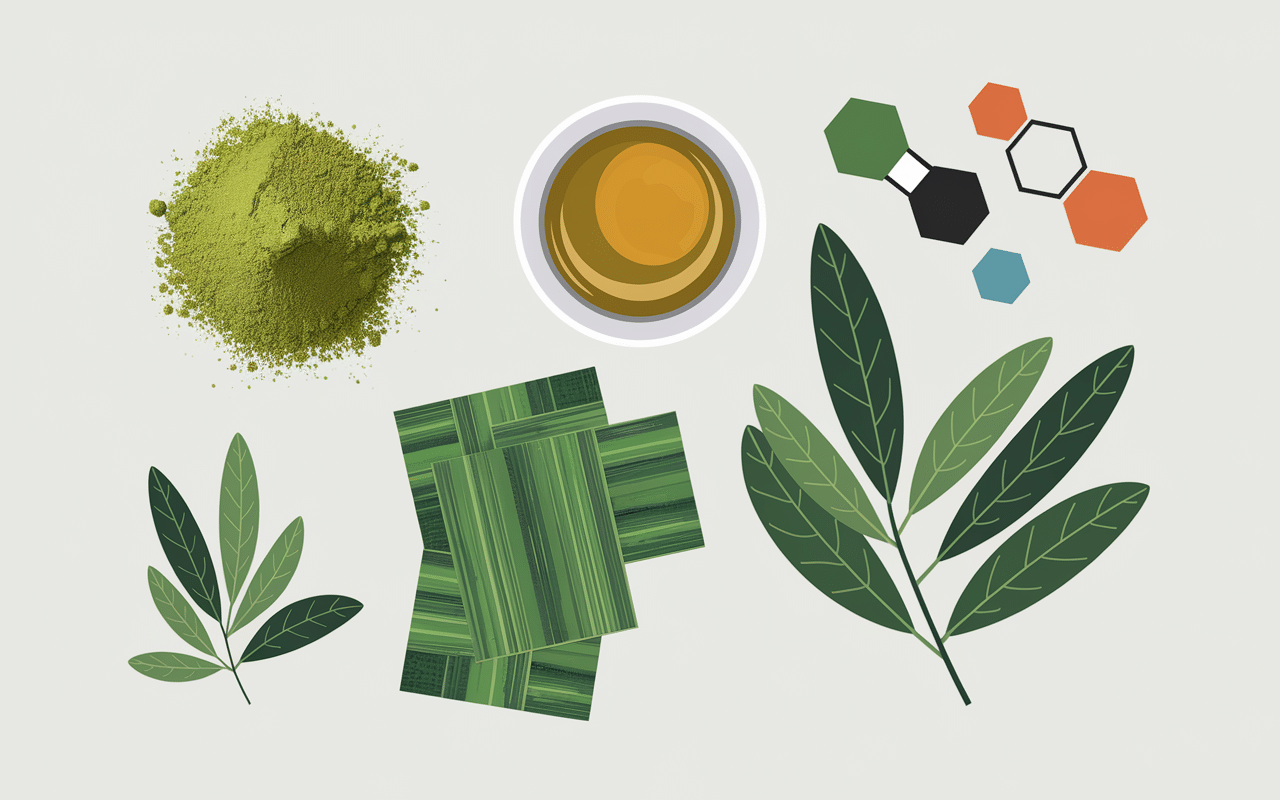 Ingrédients matcha slim, poudre, feuilles, molécules nutrition