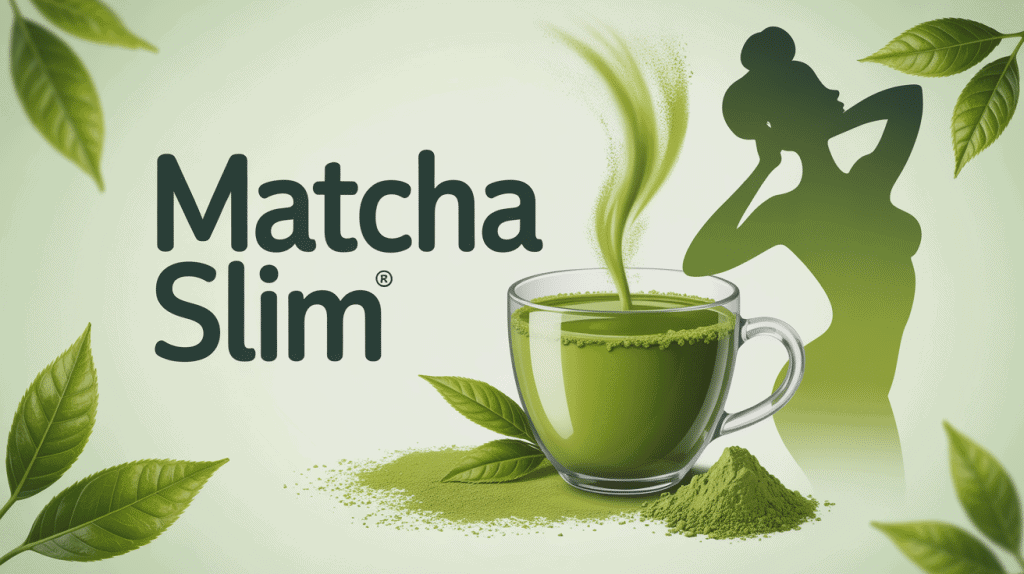 Tasse de matcha slim, poudre verte, silhouette minceur, ambiance zen