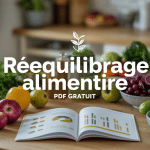 Table avec aliments frais et document rééquilibrage alimentaire PDF gratuit