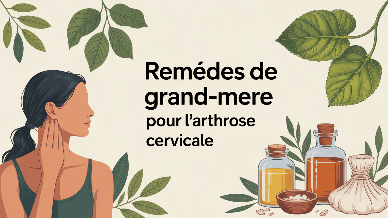 remède de grand-mère arthrose cervicale, illustration silhouette nuque et éléments naturels