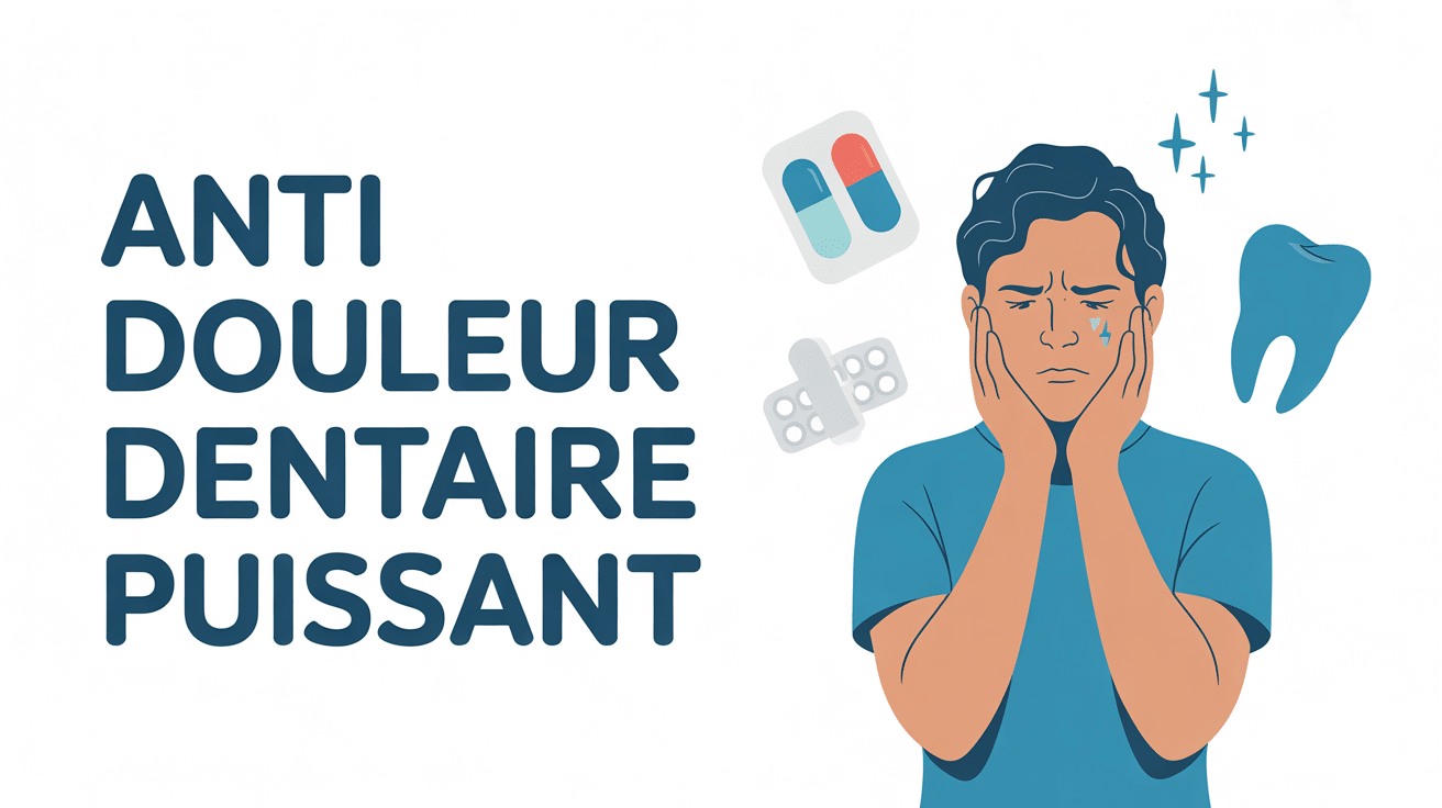 Anti douleur dentaire puissant, personne avec joue en douleur et éléments médicaux