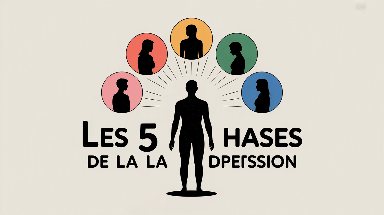 Les 5 phases de la dépression illustration silhouette cercles couleurs
