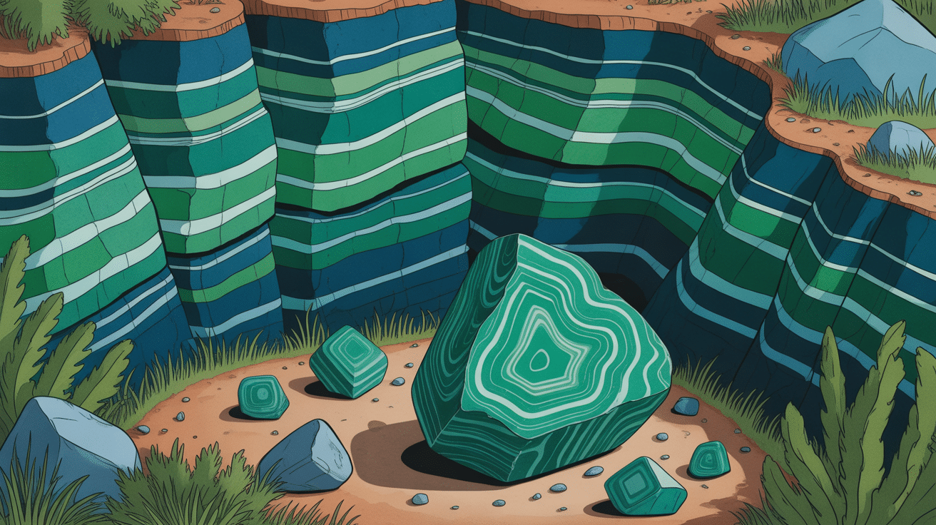 Formation géologique de la malachite en coupe