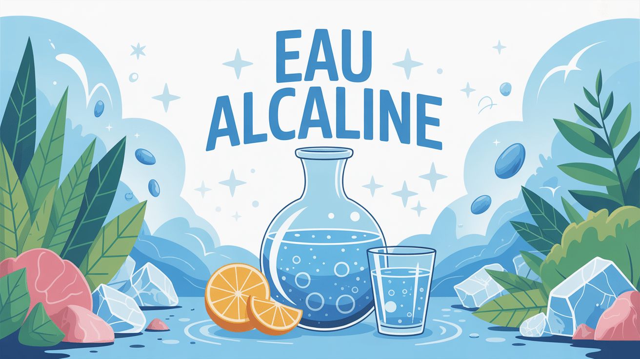 Illustration eau alcaline carafe et verre ambiance fraîche