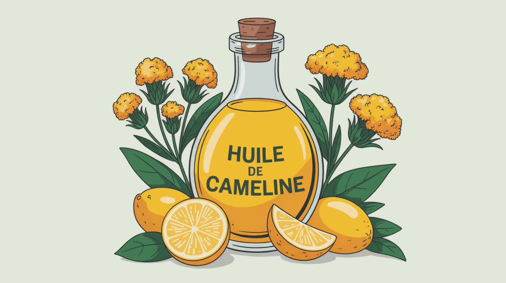 huile de cameline danger, bouteille et fleurs, symbole sante