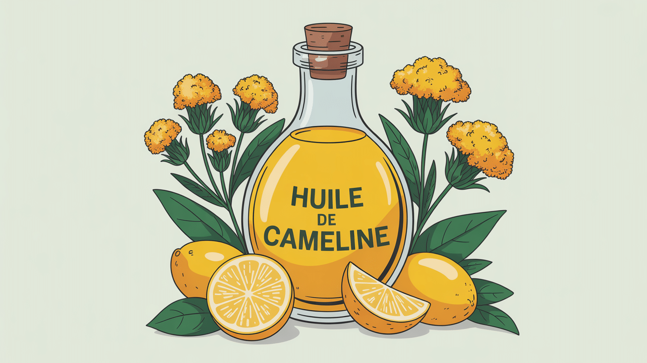 huile de cameline danger, bouteille et fleurs, symbole sante