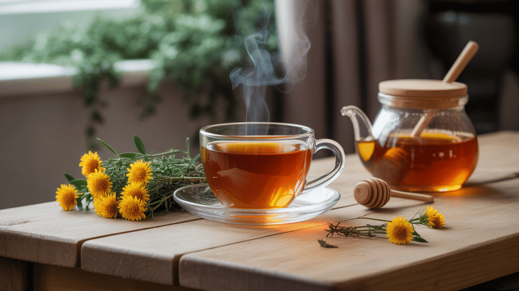 tisane de thym et miel tasse bois brins de thym pot de miel