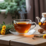 tisane de thym et miel tasse bois brins de thym pot de miel