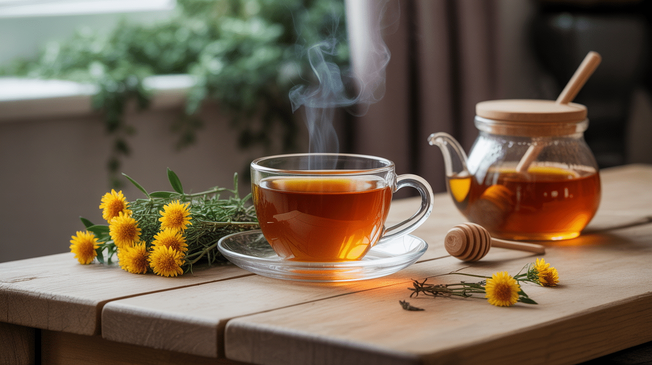 tisane de thym et miel tasse bois brins de thym pot de miel
