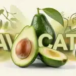 Avocat coupé avec symboles santé cœur vitamines