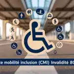 Illustration Carte Mobilité Inclusion CMI invalidité 80 % avec symboles accessibilité transports aides sociales