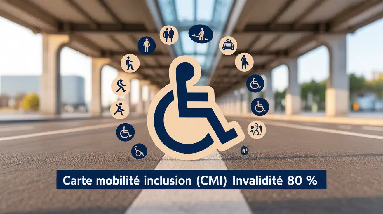 Illustration Carte Mobilité Inclusion CMI invalidité 80 % avec symboles accessibilité transports aides sociales