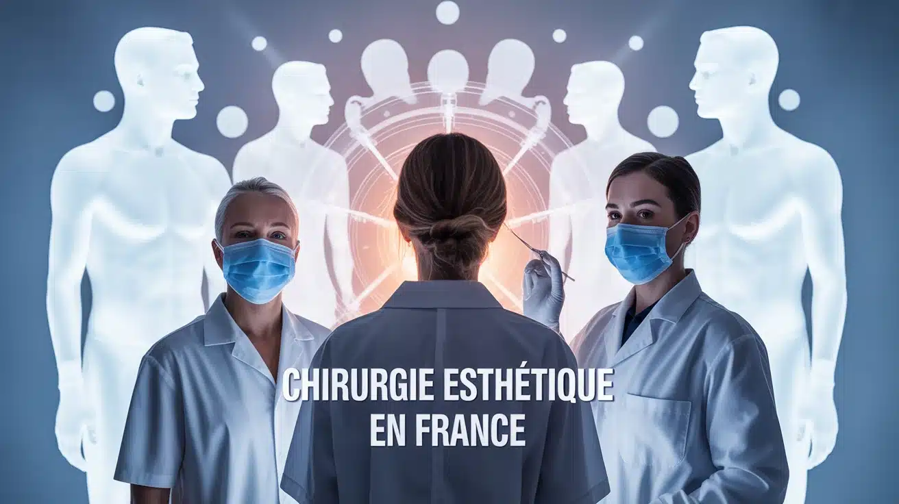 illustration vectorielle chirurgie esthétique en France avec chirurgiens et formes humaines