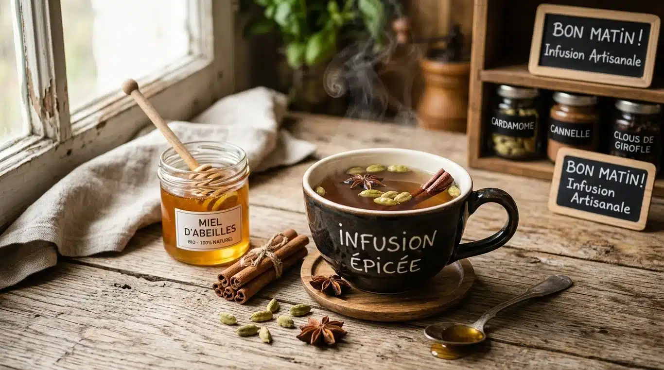 Une tasse d'infusion à la cardamome fumante sur une table en bois avec des épices