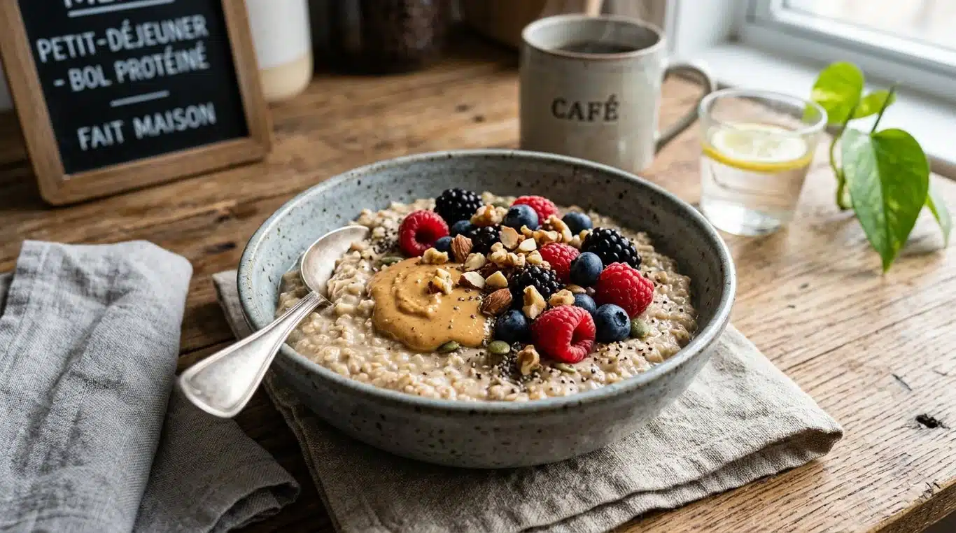 Bol de porridge protéiné aux flocons d'avoine, fruits rouges et beurre de cacahuète