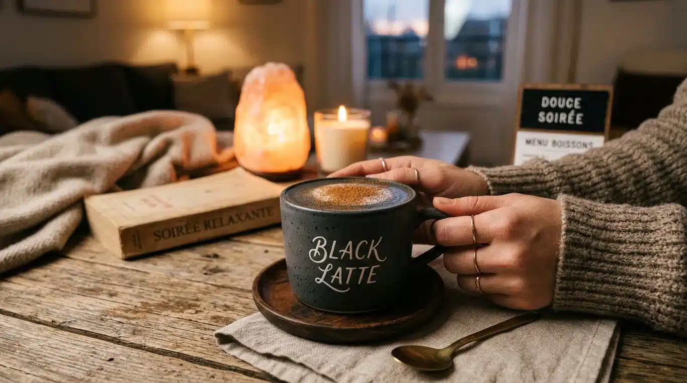 Un Black Latte apaisant au charbon actif dans une tasse en céramique sur une table en bois.