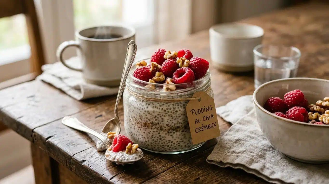 Pudding de graines de chia onctueux à la vanille avec framboises fraîches