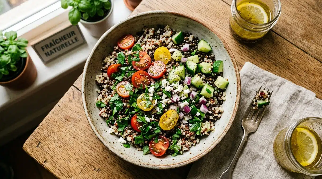 Salade de quinoa et lentilles béluga au citron