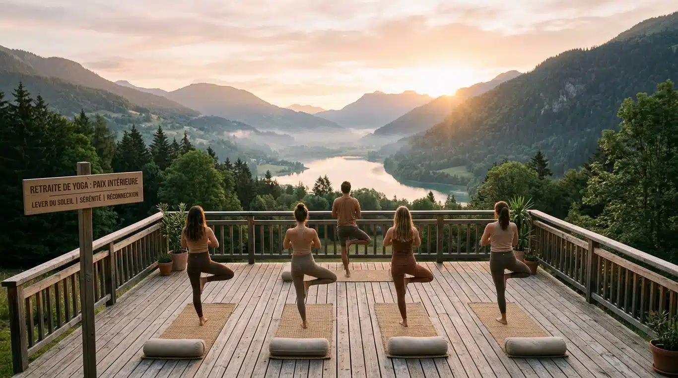 Ambiance paisible et ressourçante d'une retraite de yoga en pleine nature.