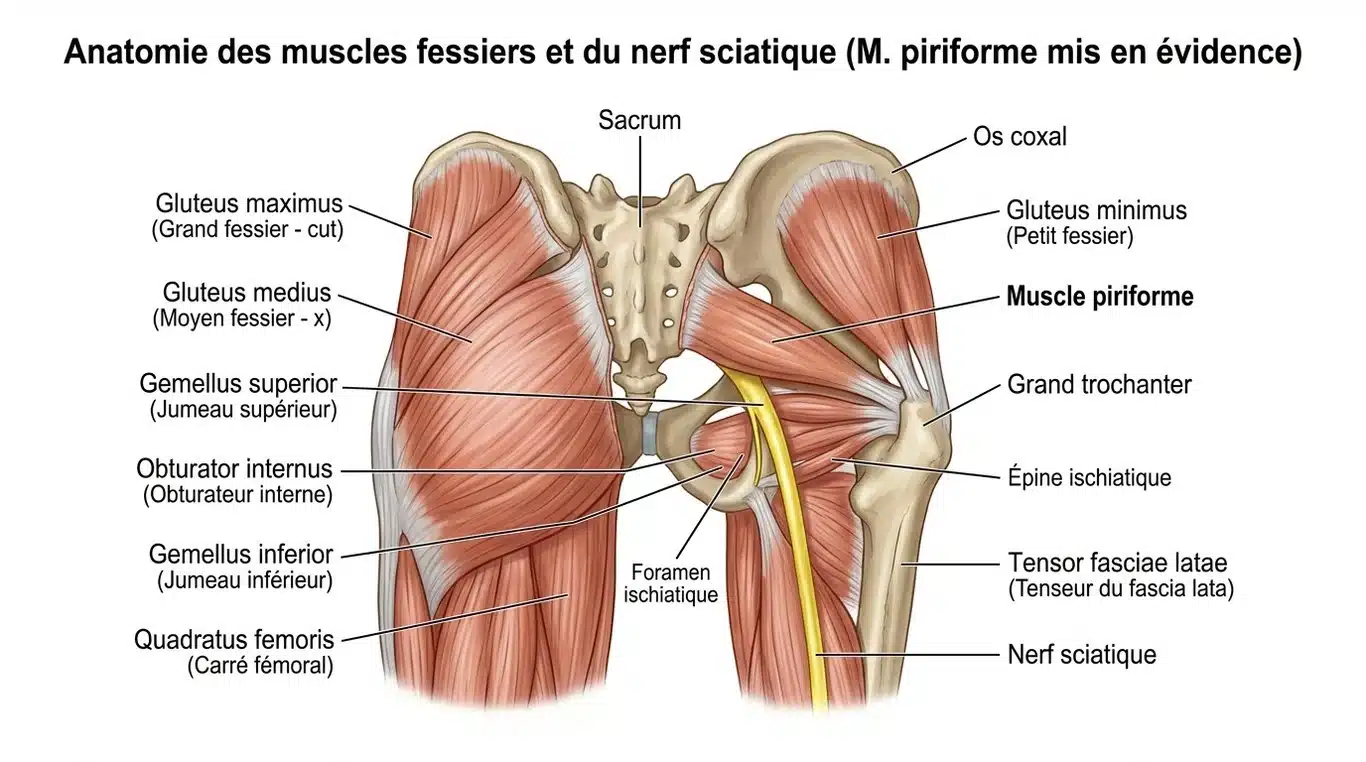 Schéma anatomique des muscles fessiers et du nerf sciatique