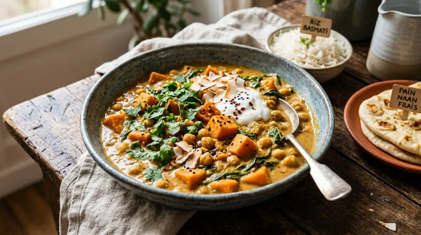 Curry onctueux de patates douces et pois chiches dans un bol