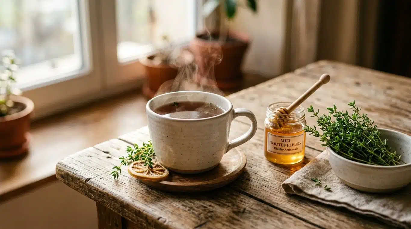 Une tasse de tisane de thym fumante avec des brins de thym frais sur une table en bois.