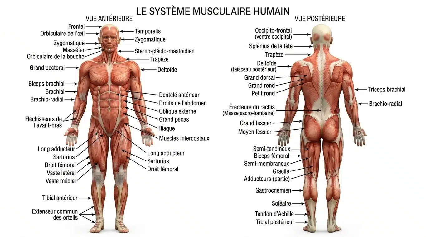 Schéma anatomique complet du système musculaire humain