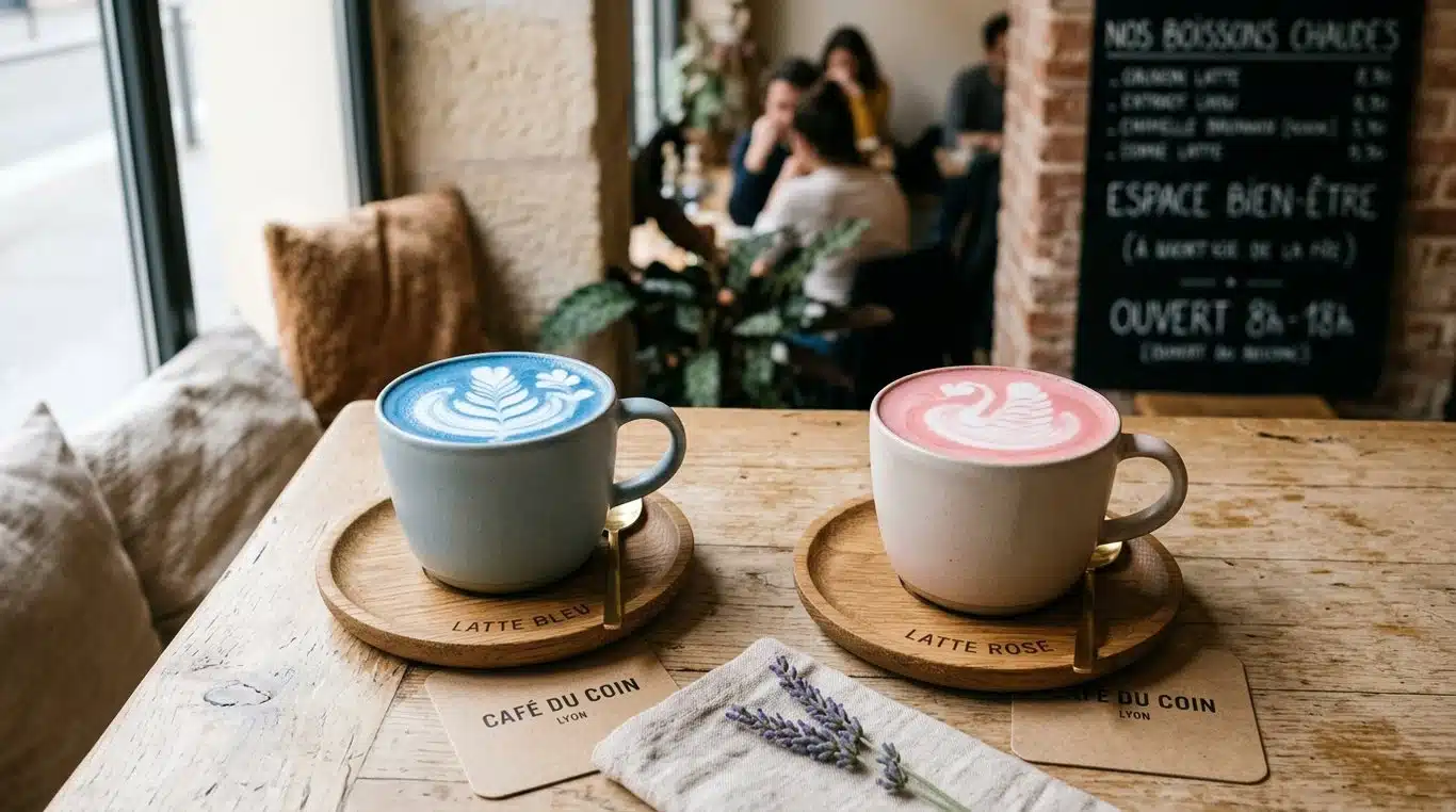 Boissons signatures Blue et Pink Latte du 48 Collagen Café