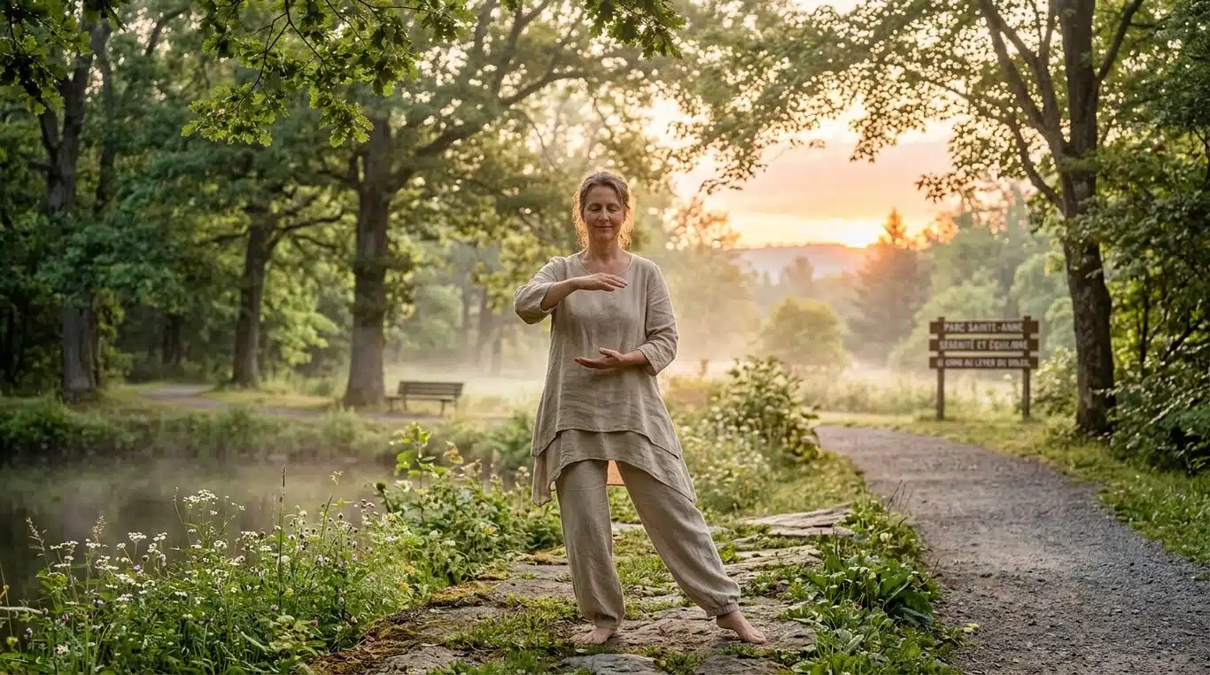 Personne pratiquant le Qi Gong dans un parc au lever du soleil