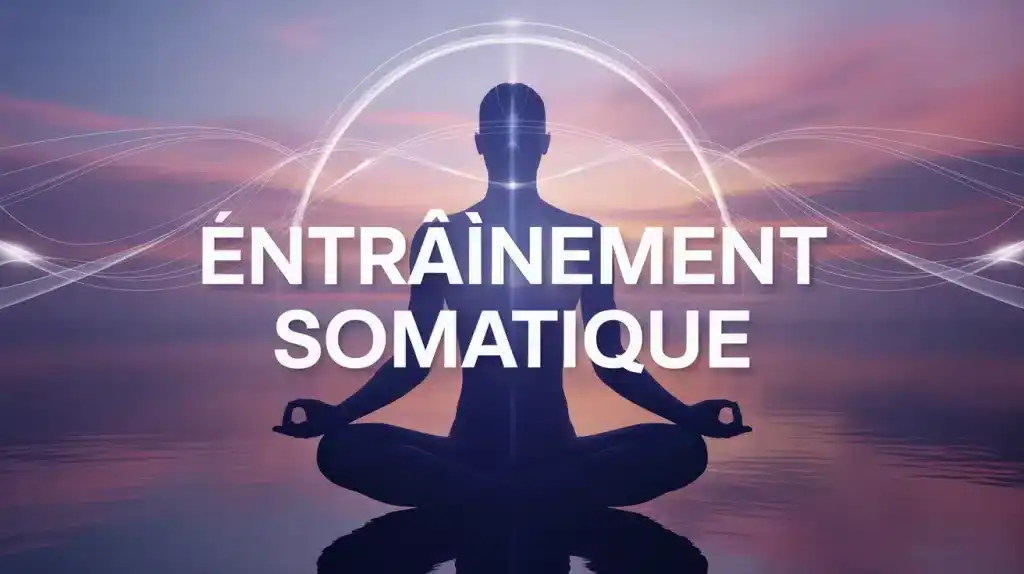 Silhouette en méditation avec ondes lumineuses entraînement somatique