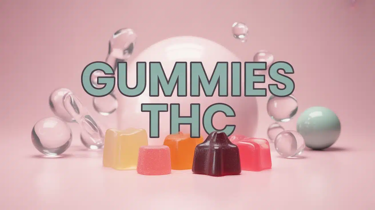 Bonbons gummies THC colorés sur fond apaisant