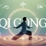 Personnage en posture de Qi Gong avec flux d'énergie lumineuse