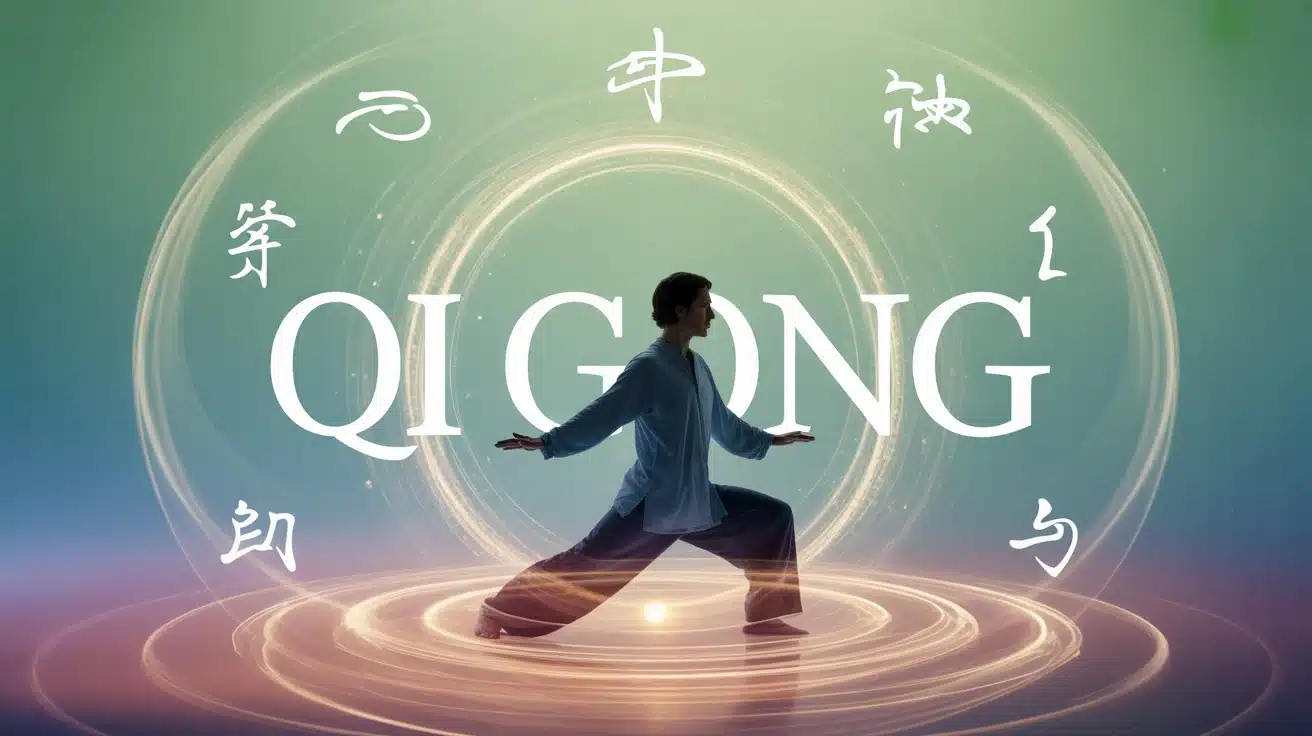 Personnage en posture de Qi Gong avec flux d'énergie lumineuse