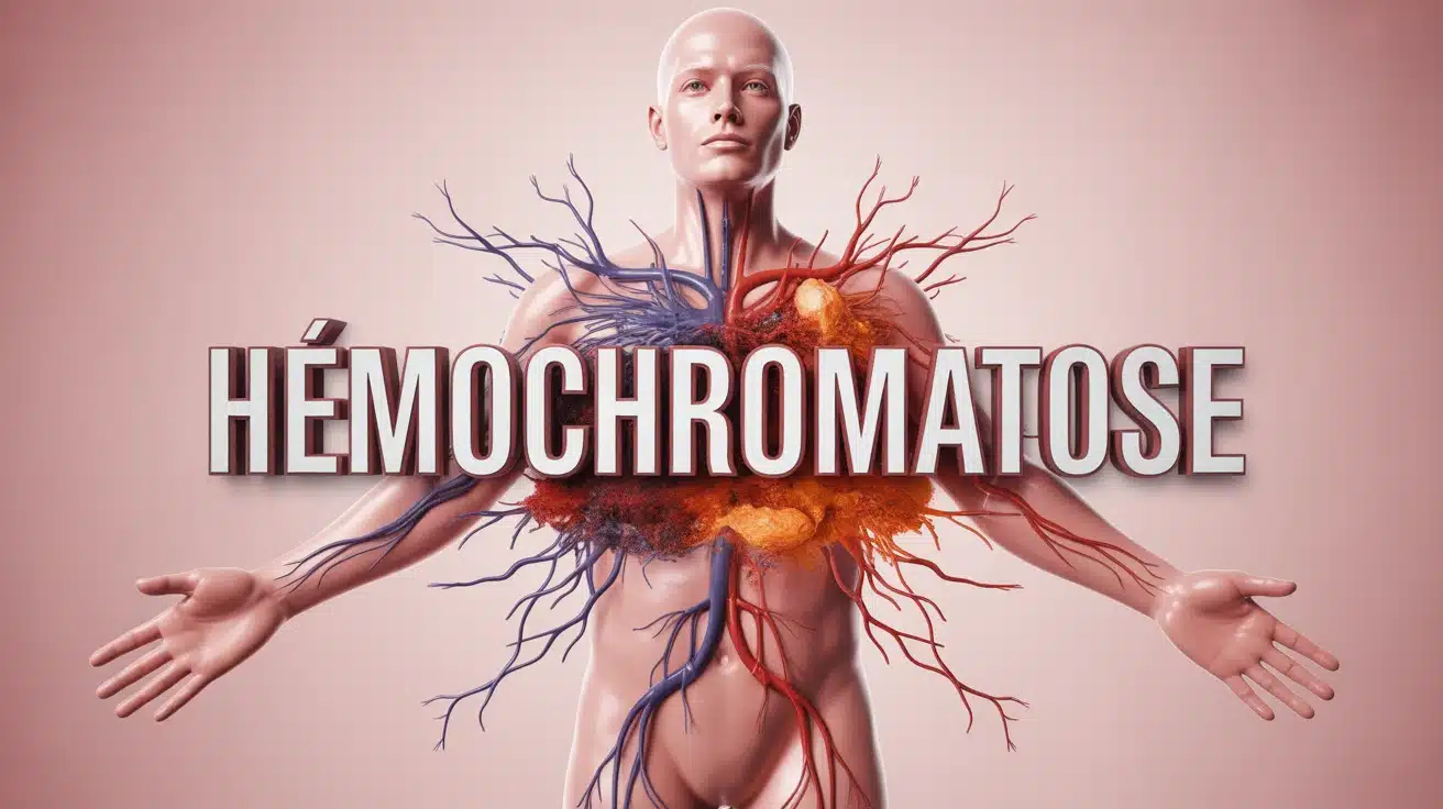 Corps humain stylisé avec organes clés et accumulation de fer hémochromatose