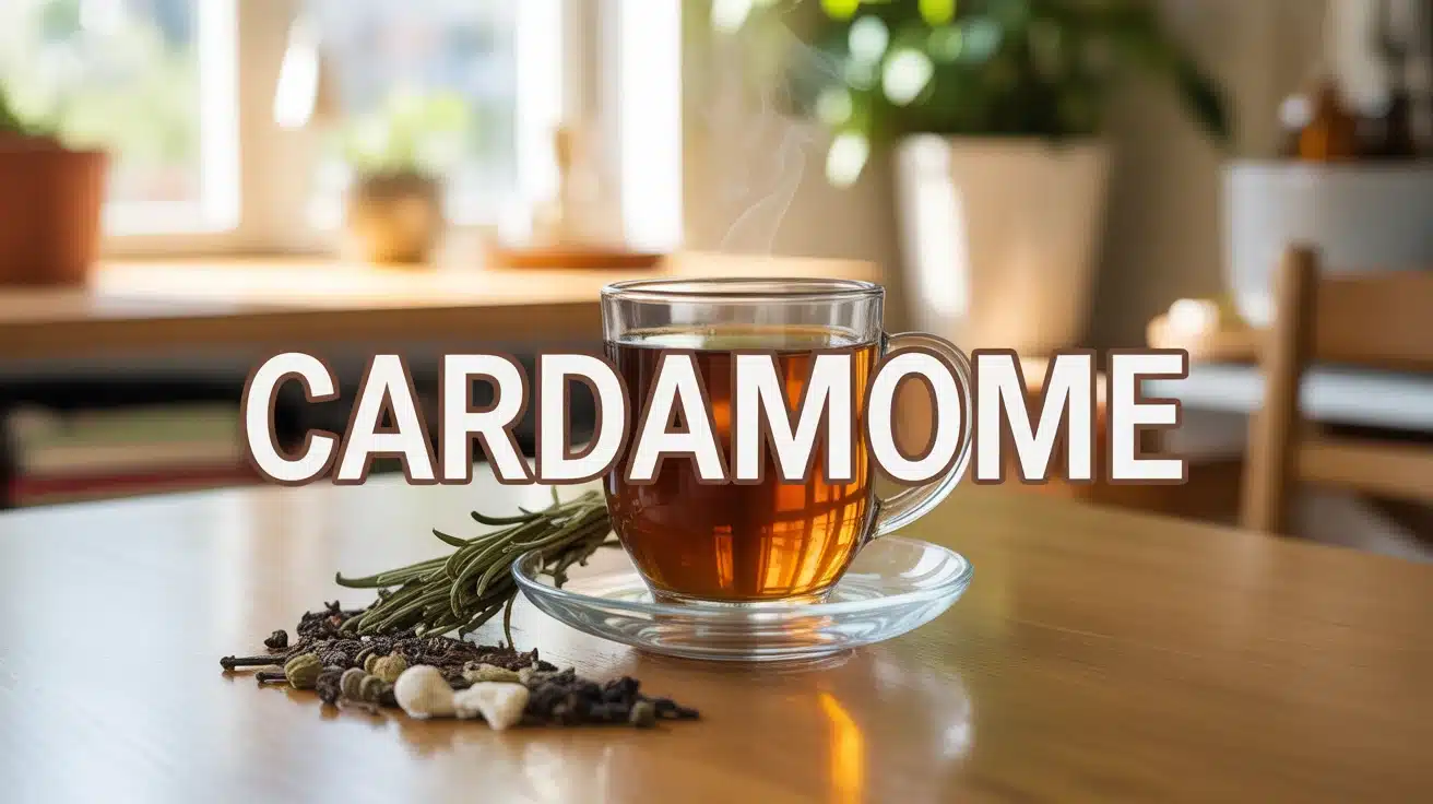 Infusion de cardamome avec gousses vertes noires et blanches sur table en bois