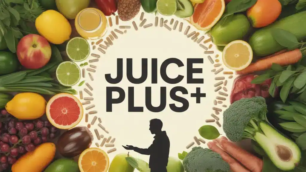 Illustration Juice Plus Plus fruits legumes capsules silhouette personnage