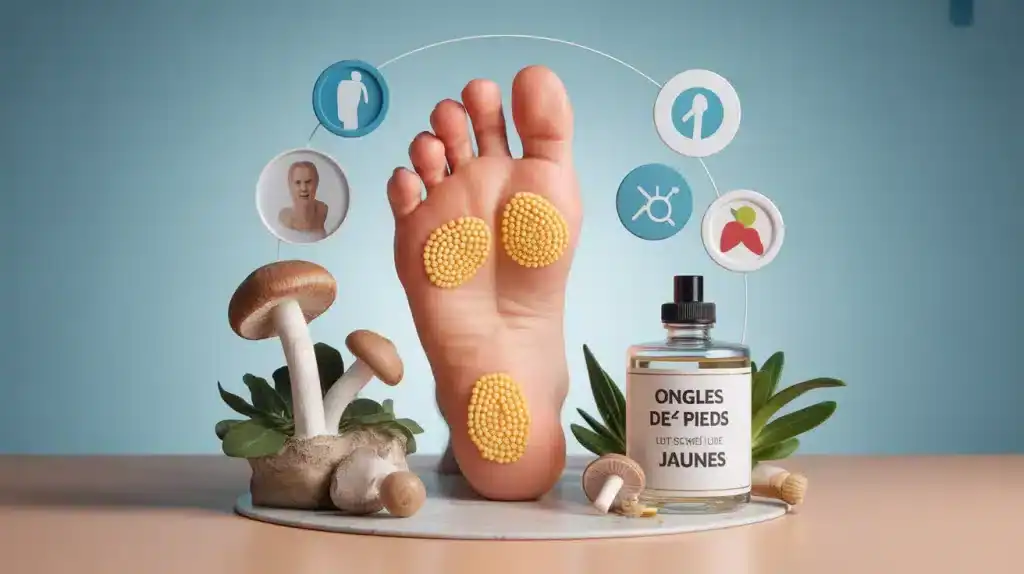 Illustration pied avec ongles de pieds jaunes et symboles santé