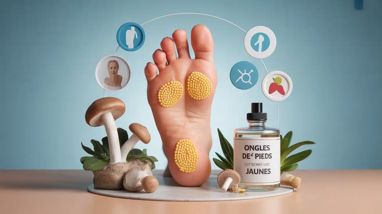 Illustration pied avec ongles de pieds jaunes et symboles santé