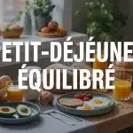 Petit déjeuner équilibré avec œufs avocat pain complet graines fruits
