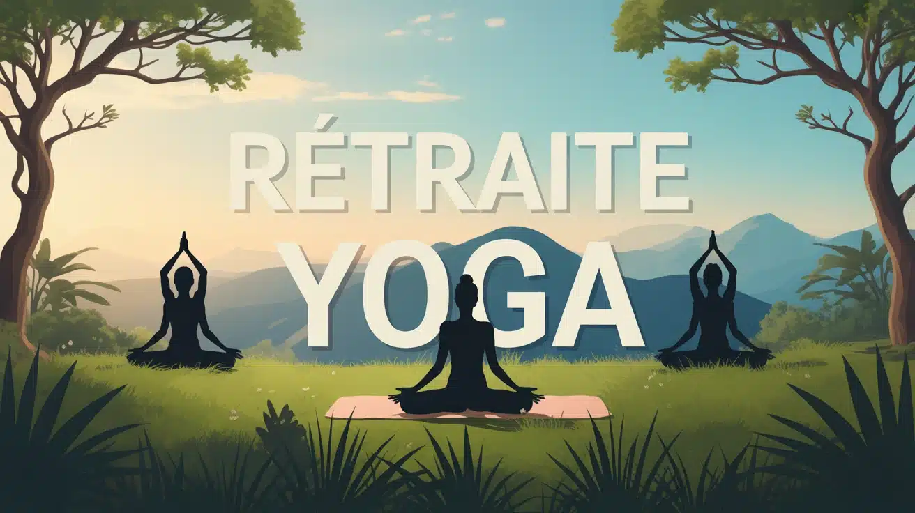 Illustration retraite yoga en pleine nature avec silhouettes en posture de yoga